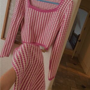 Pink and White Knit Sweater and Skirt Set